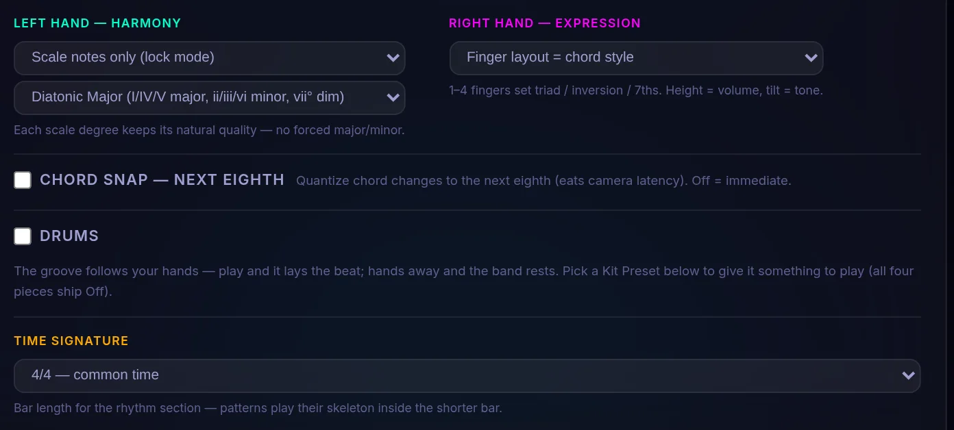 The Settings panel on the Harmony tab.