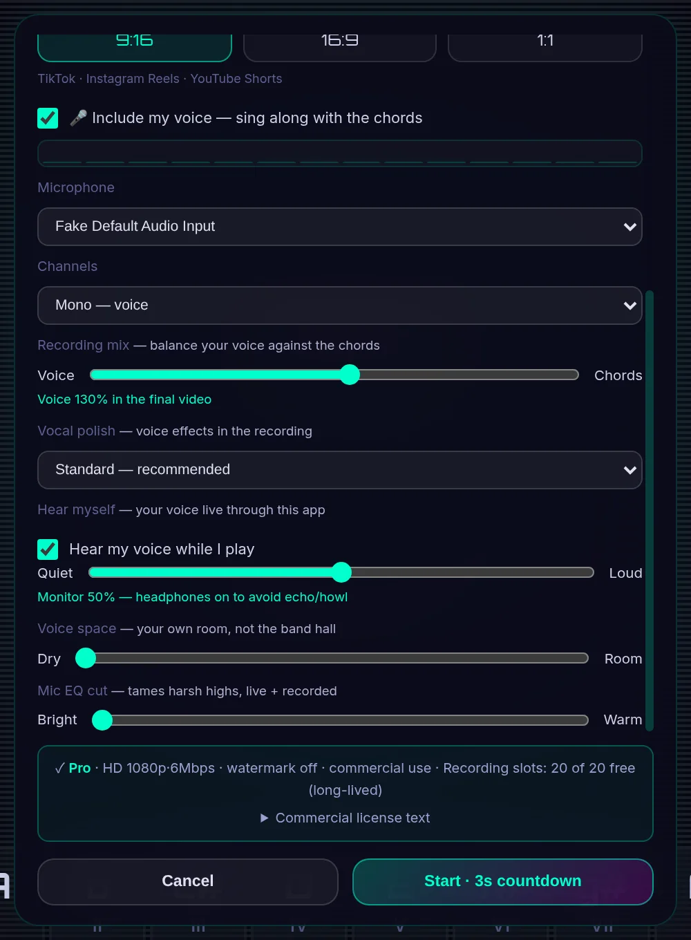 The Settings panel on the Recording sheet — its Microphone half, scrolled down.
