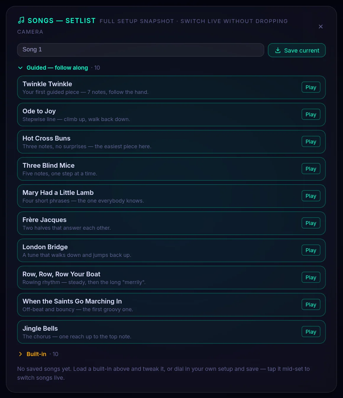 The Settings panel on the Songs panel, opened from the toolbar.