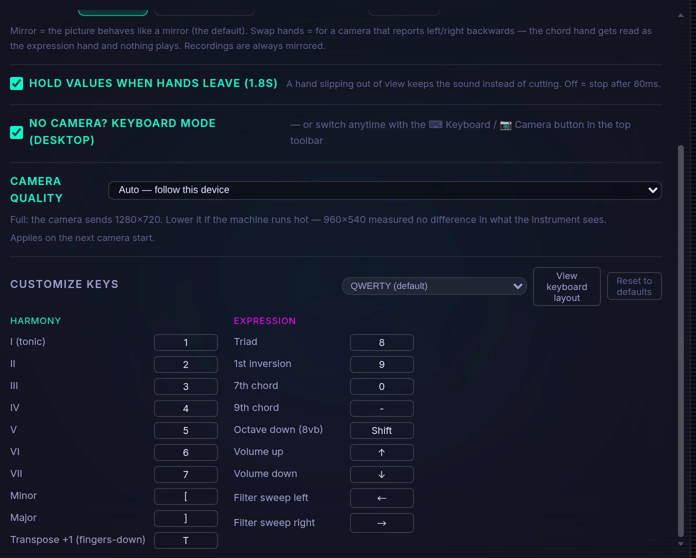 The Settings panel on the Stage tab — with keyboard mode on.